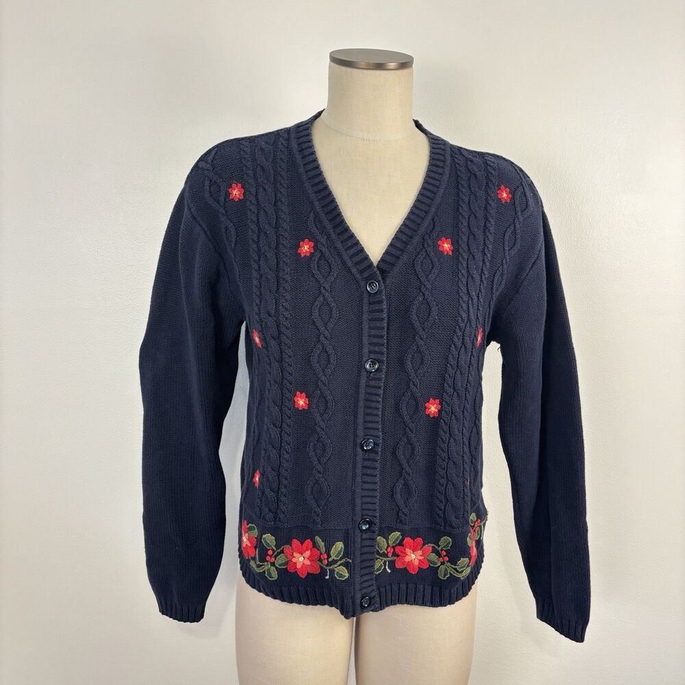 VTG 90s Liz Claiborne Coquette Sweater L Navy Blue Cable Knit Floral Cardigan